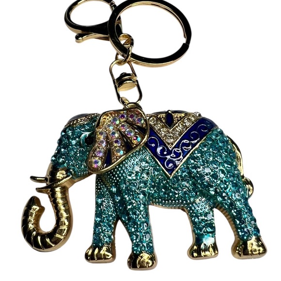 Accessories - Teal Crystal Elephant Purse Charm Keychain with Gold Accents